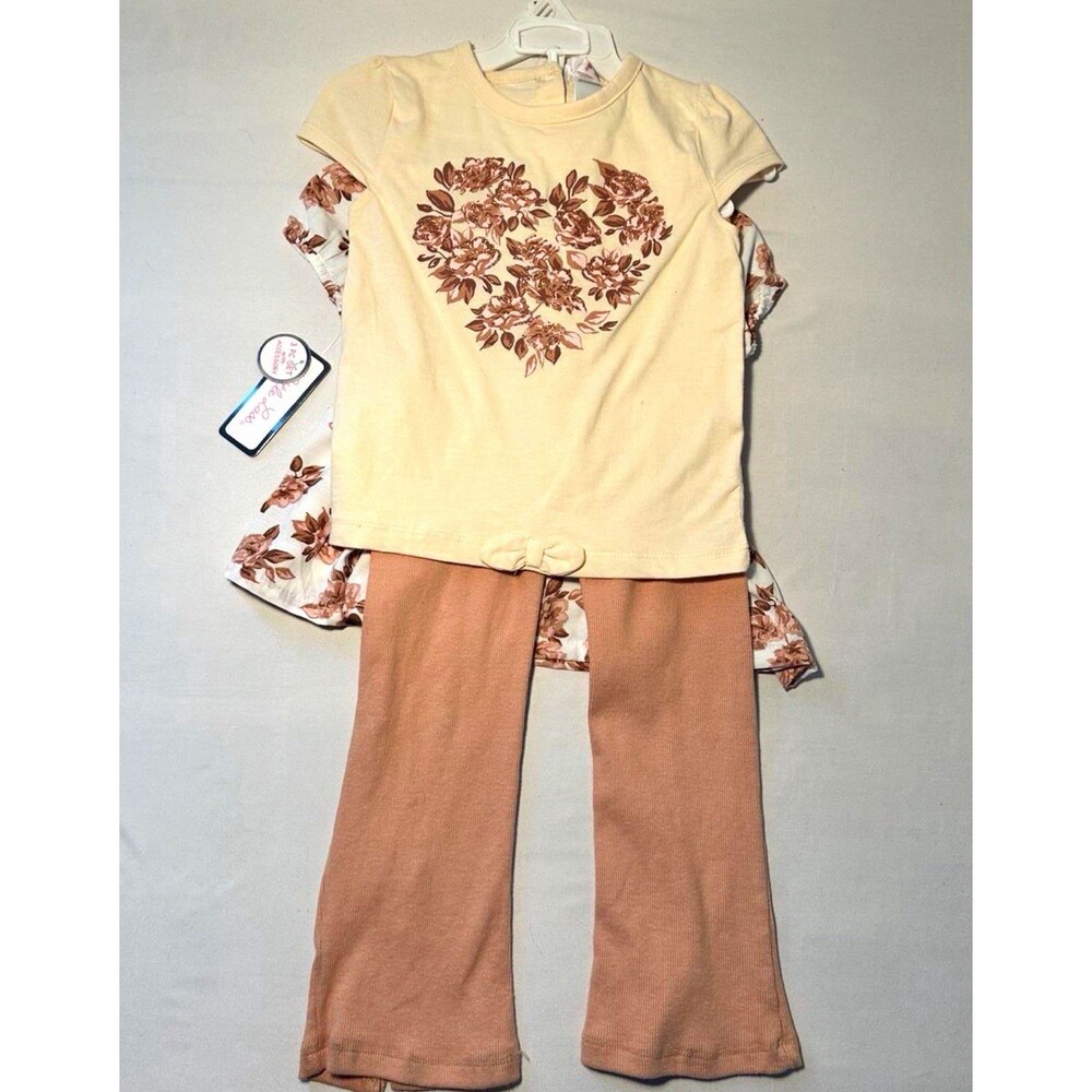 Little Lass Girls 4t 3-Piece Floral Heart Top Dress Pants Set Cream Brown
